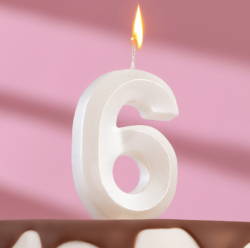 Изображение Свеча в торт "Грань", цифра "6", жемчужный, 6,5 см